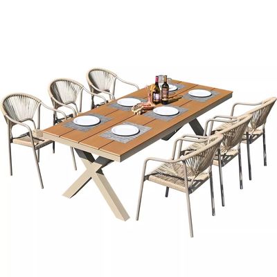Área exterior patio Villa sillas y mesas jardín balcón al aire libre ocio muebles de comedor de ratán conjunto con mesa de madera de plástico.